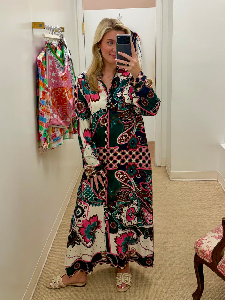 Long Sleeve Shirt Dress | Pink & Green