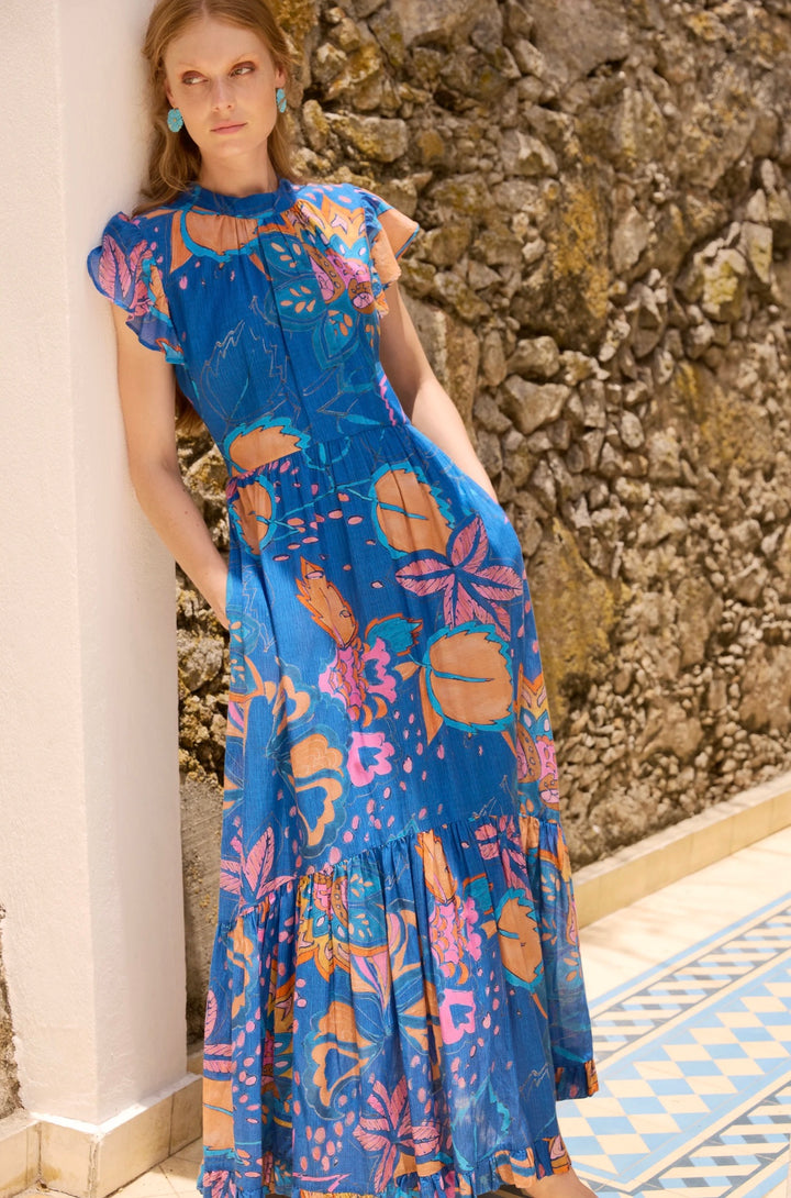 Mock Neck Flutter Maxi | Antico Blue