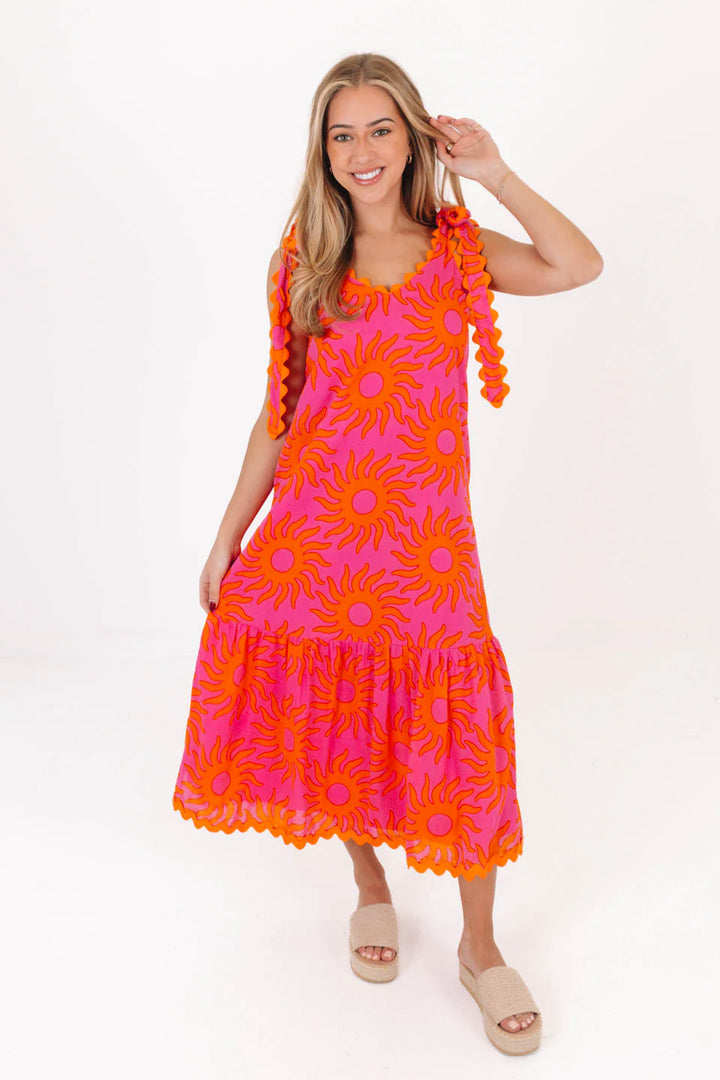 Mara Ric Rac Tie Strap Midi | Pink & Orange