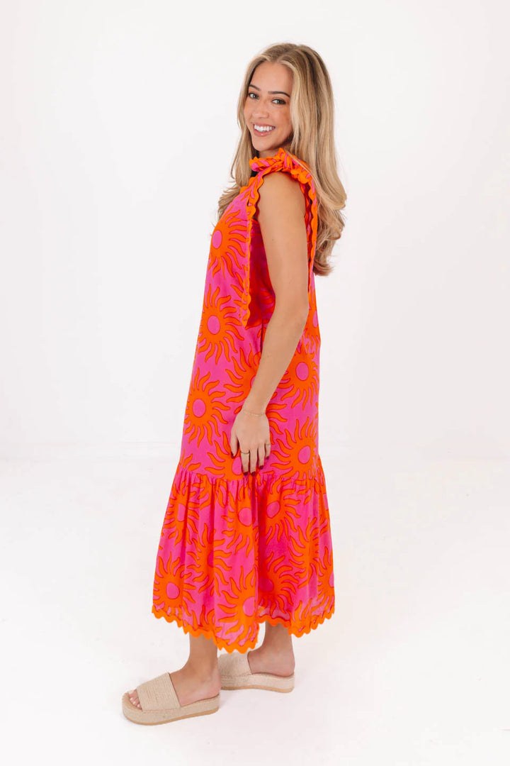 Mara Ric Rac Tie Strap Midi | Pink & Orange
