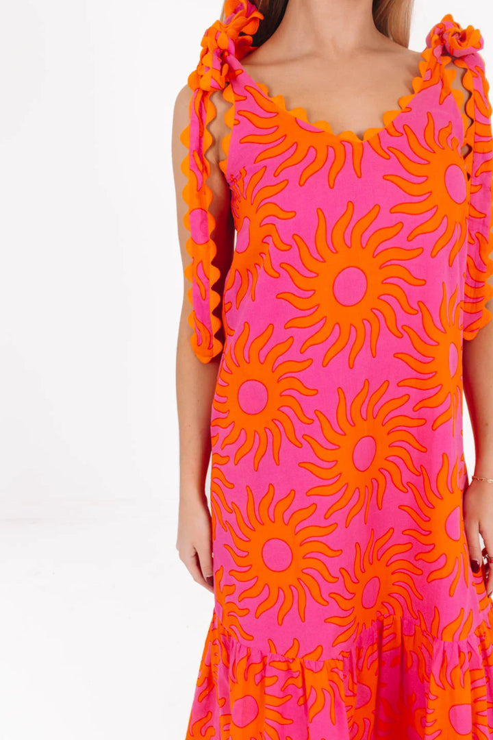 Mara Ric Rac Tie Strap Midi | Pink & Orange