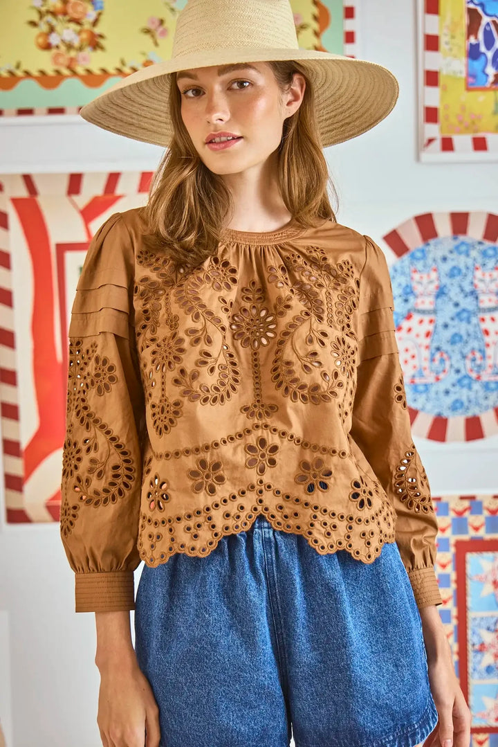 Jennifer Top | Mocha Embroidered Eyelet