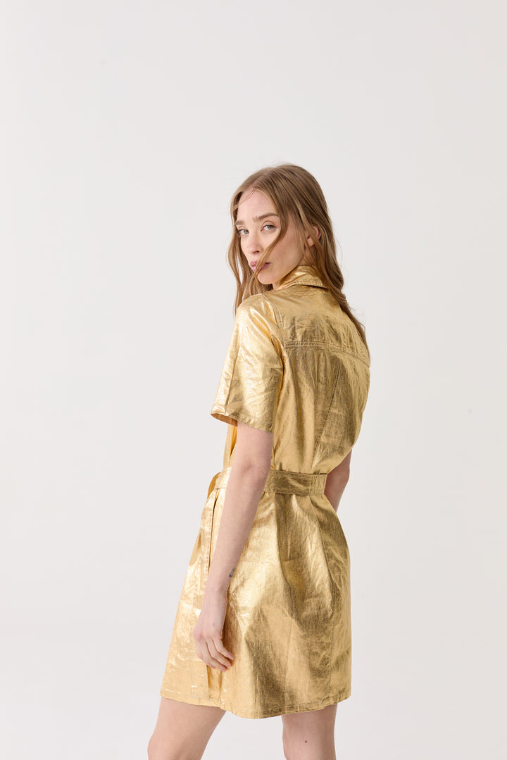 Franca Metallic Linen Dress | Gold