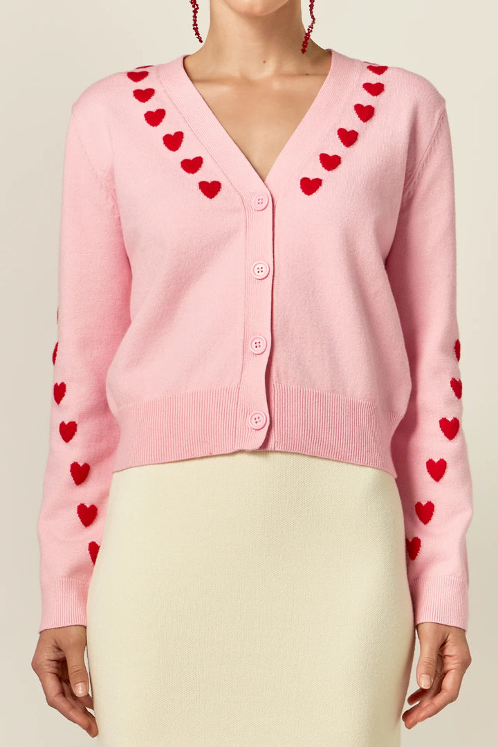 Heart Contrast Knit Cardigan | Pink/Red - Charlotte's Inc