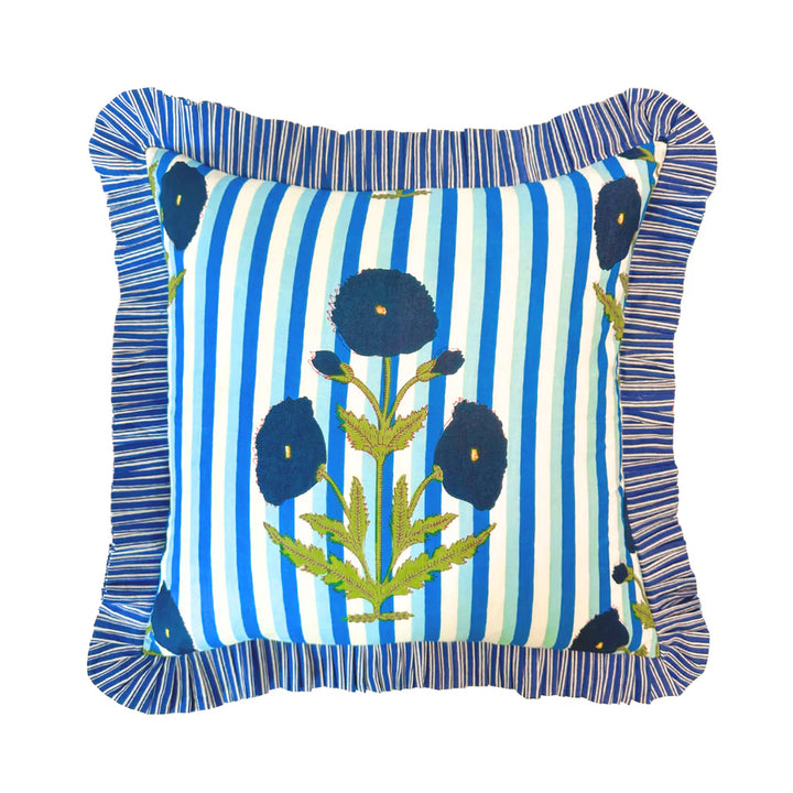 Marigold Stripes Block Print Throw Pillow | Blue