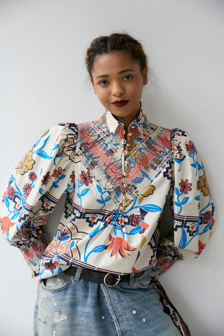 Smocked Shirt | Vanilla Floral Scarf