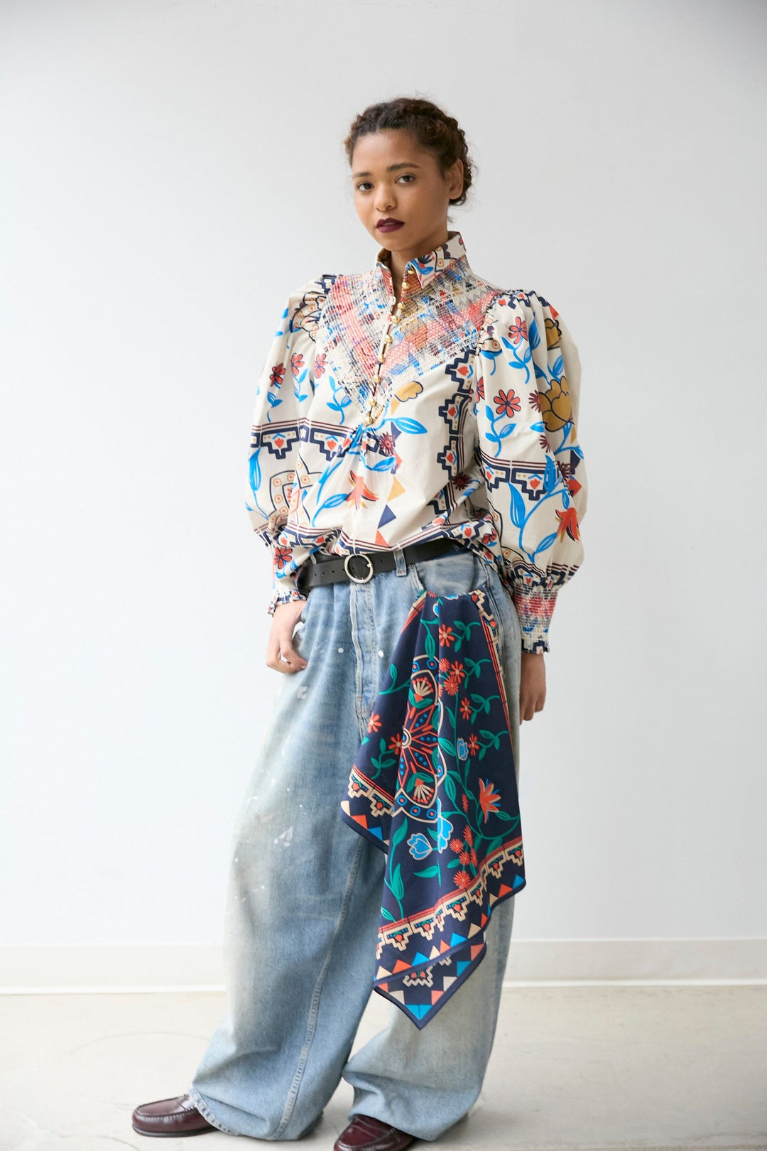 Smocked Shirt | Vanilla Floral Scarf