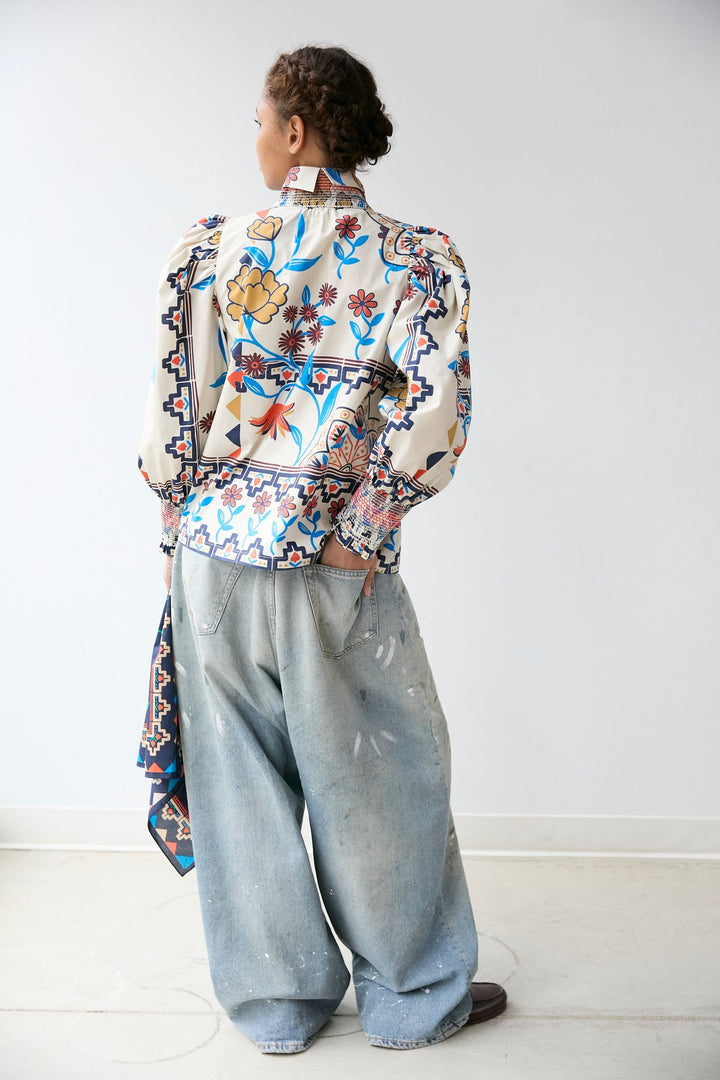 Smocked Shirt | Vanilla Floral Scarf