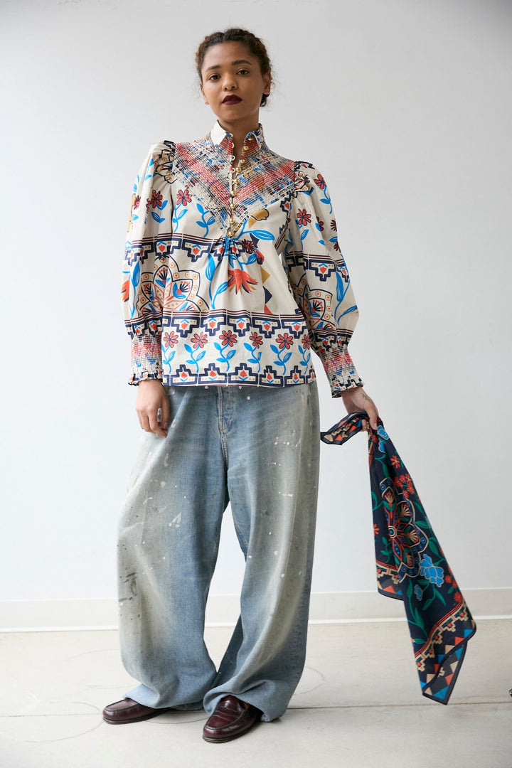 Smocked Shirt | Vanilla Floral Scarf