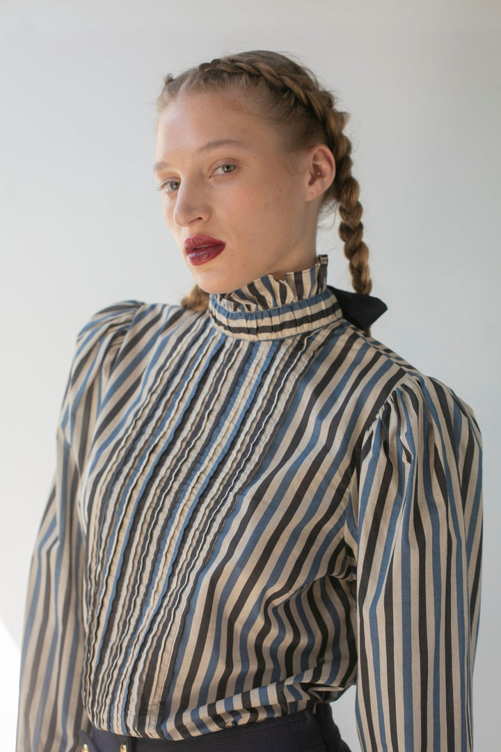 Pintucked Blouse | Blue Tonal Stripes