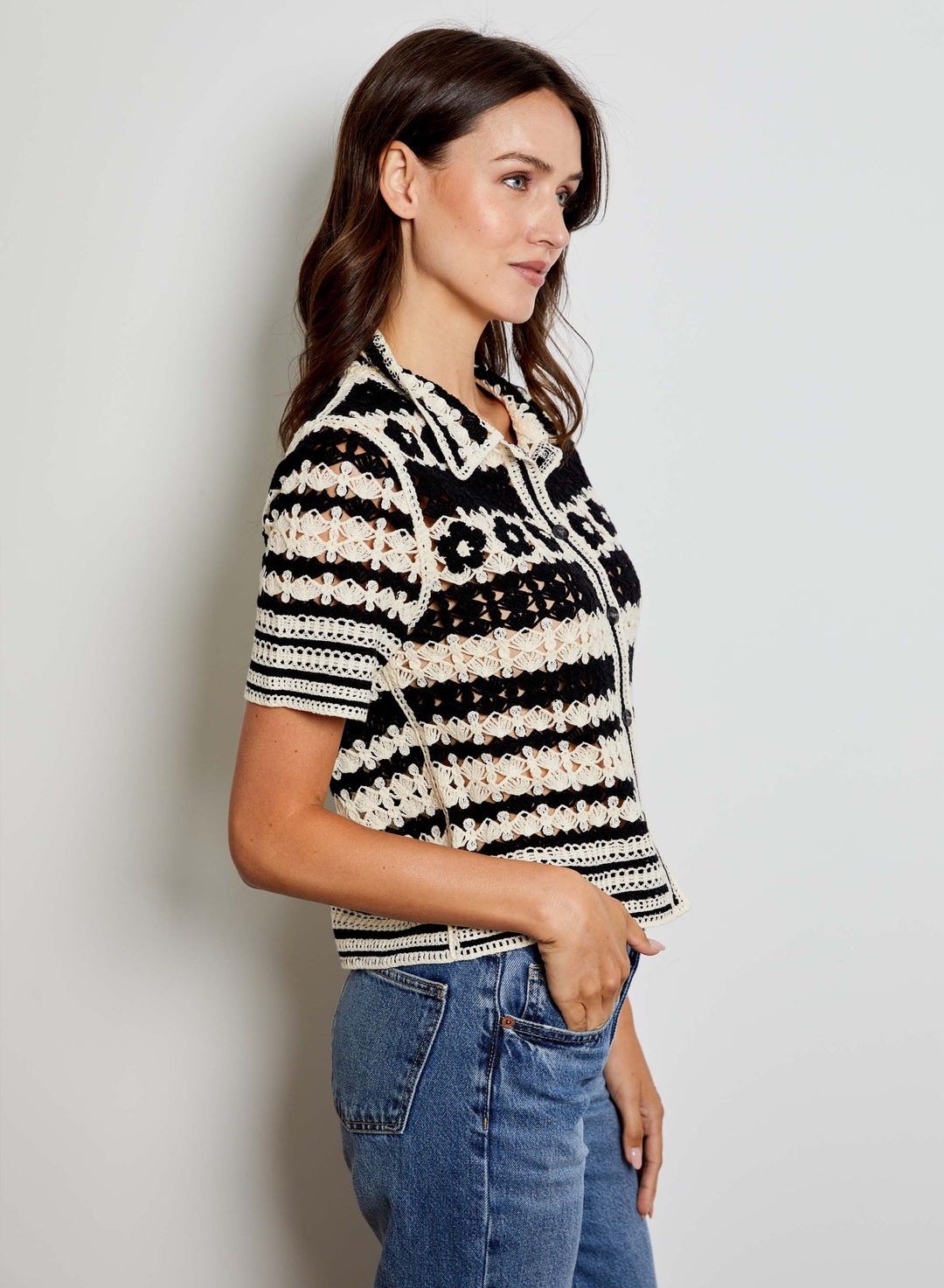 Crochet Button Down Sweater | Black Combo