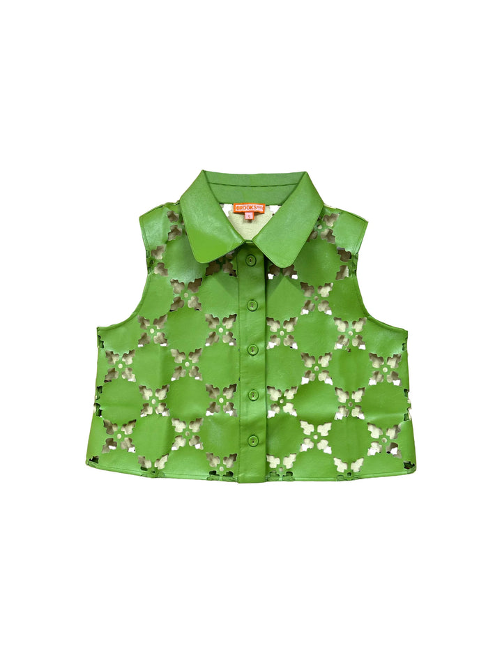 Olive Sleeveless Button Down | Laser Cut Green