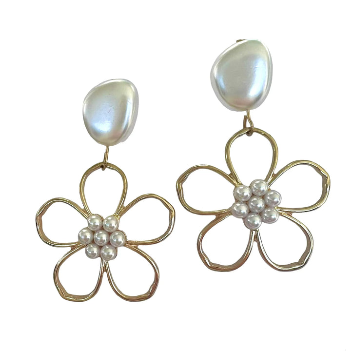 Gold Flower + Pearl Earrings