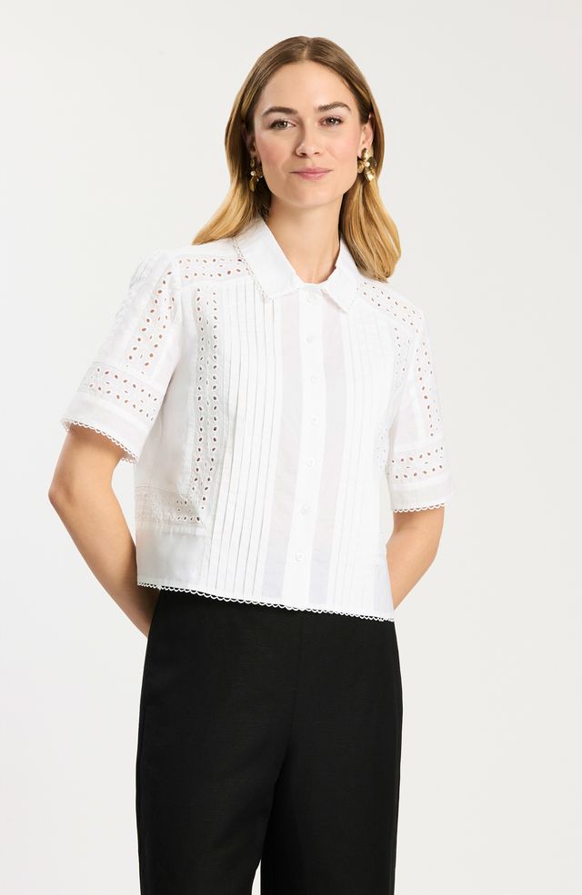 Sabrina Pleated Eyelet Blouse | White