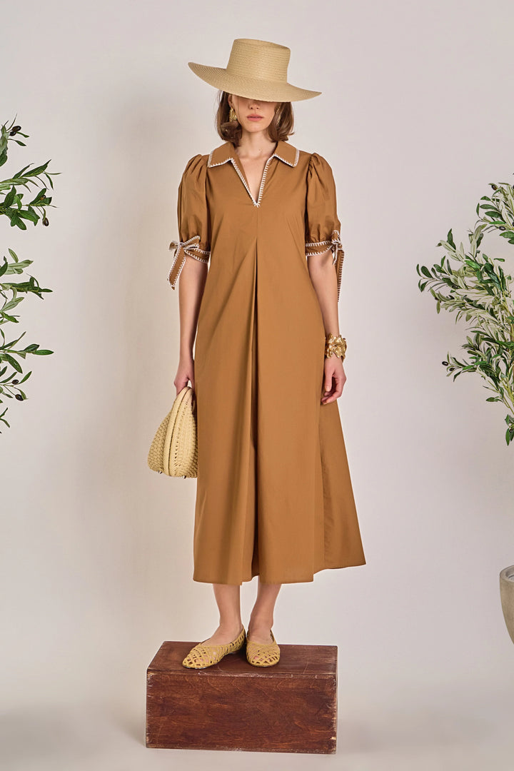Stitched Detailed Midi Dress | Brown - Charlotte's Inc