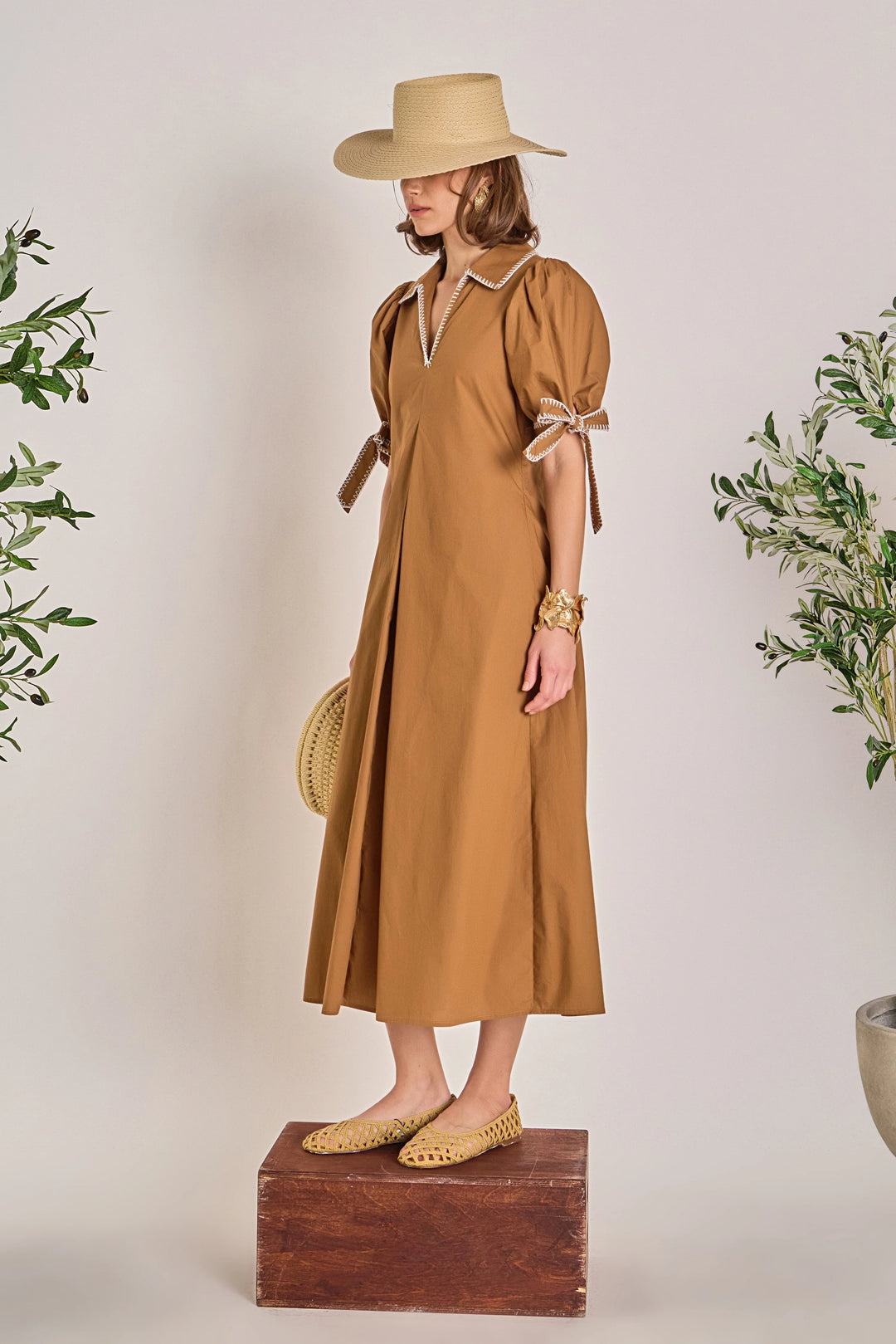 Stitched Detailed Midi Dress | Brown - Charlotte's Inc