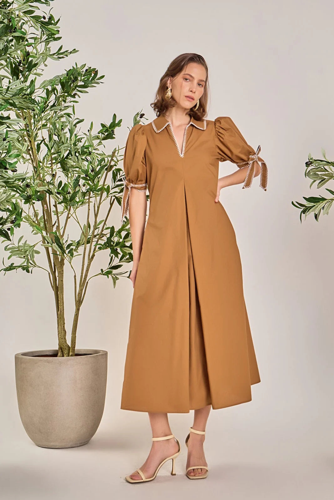 Stitched Detailed Midi Dress | Brown - Charlotte's Inc