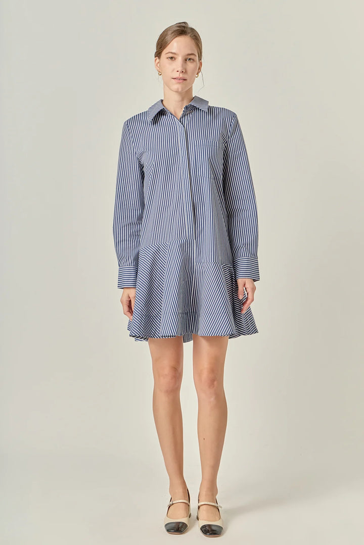 Stripe Collar Flared Skirt Dress | Navy