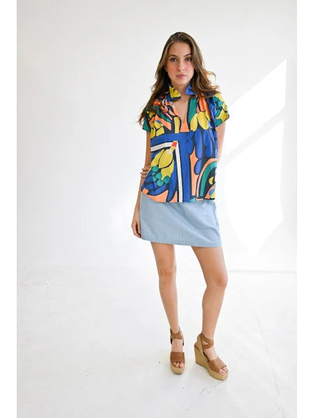 Vicki Short Sleeve Top | Abstract Fruit Cerulean