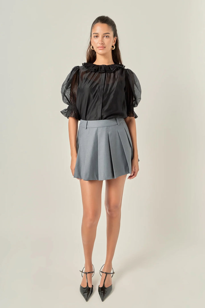Ruffle Neck Puff Sleeve Blouse | Black