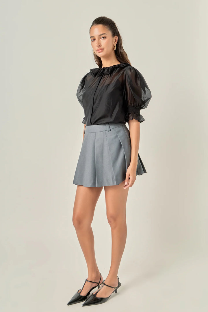 Ruffle Neck Puff Sleeve Blouse | Black