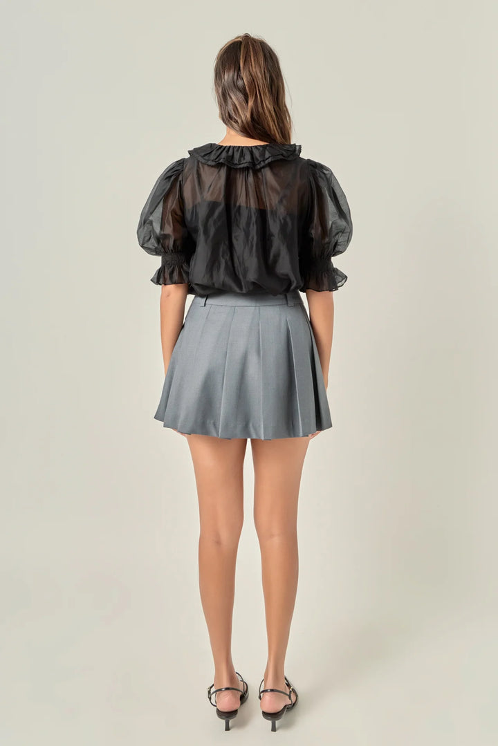Ruffle Neck Puff Sleeve Blouse | Black