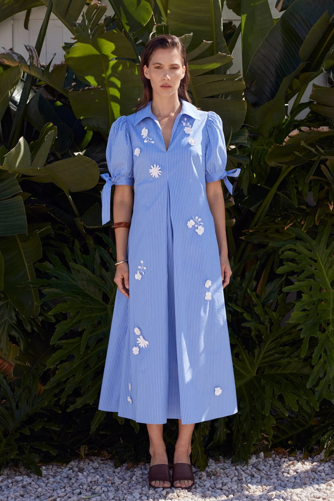 Flower Trim Striped Midi Dress | Blue