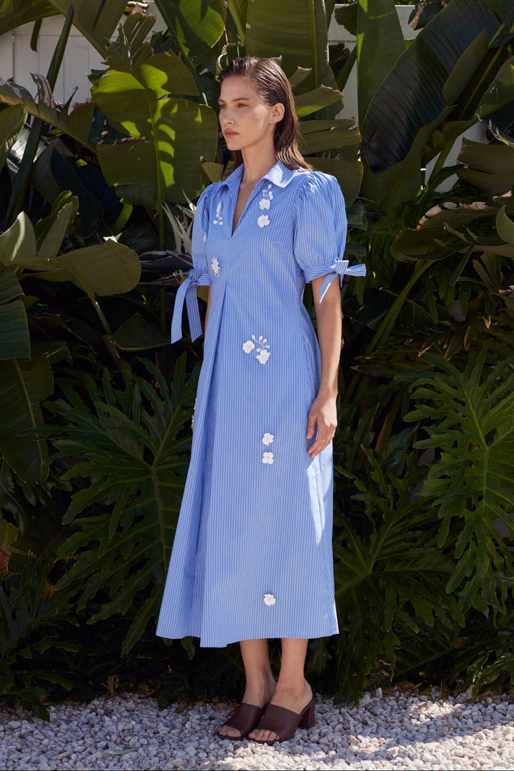 Flower Trim Striped Midi Dress | Blue