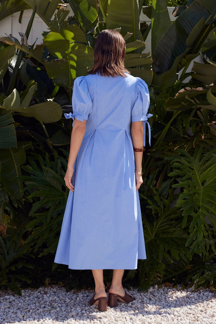 Flower Trim Striped Midi Dress | Blue