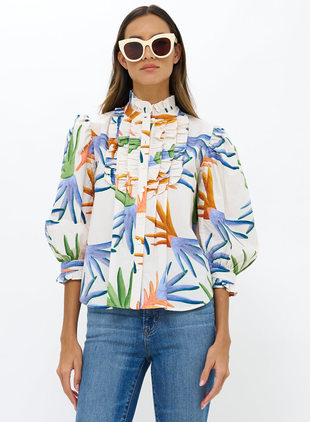 Oliphant Ruffle Front Button Blouse | Fortuna Green
