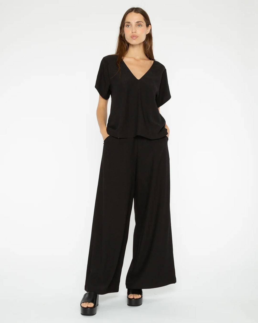 Satin Crepe Everyday V Neck | Black