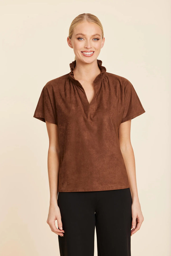 Faux Suede Ruffle Standup Collar V-Neck | Brown