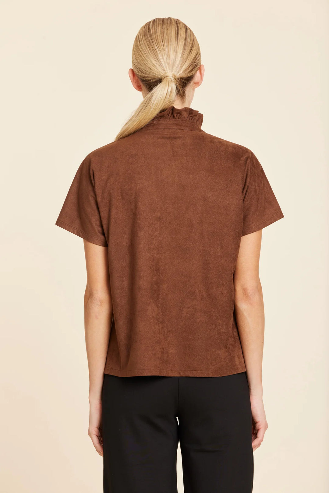 Faux Suede Ruffle Standup Collar V-Neck | Brown
