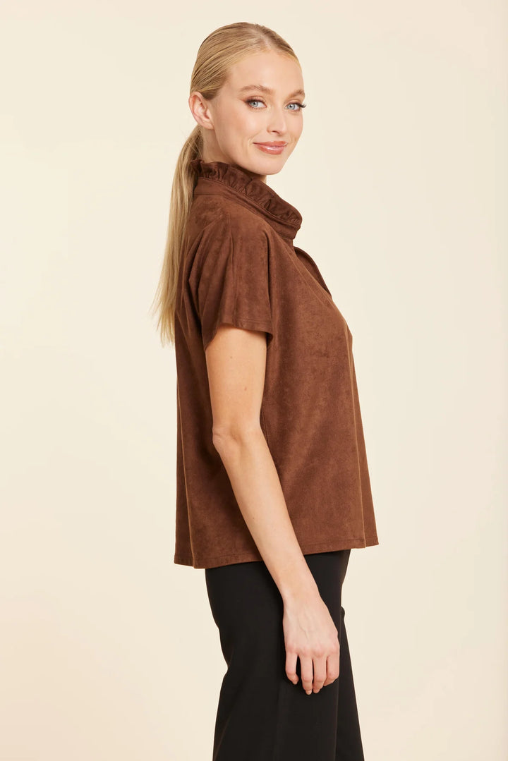 Faux Suede Ruffle Standup Collar V-Neck | Brown