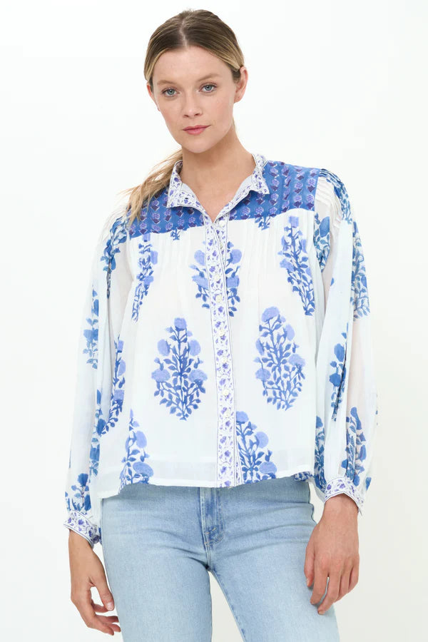 Mandarin Pintuck Blouse | Salvia Blue