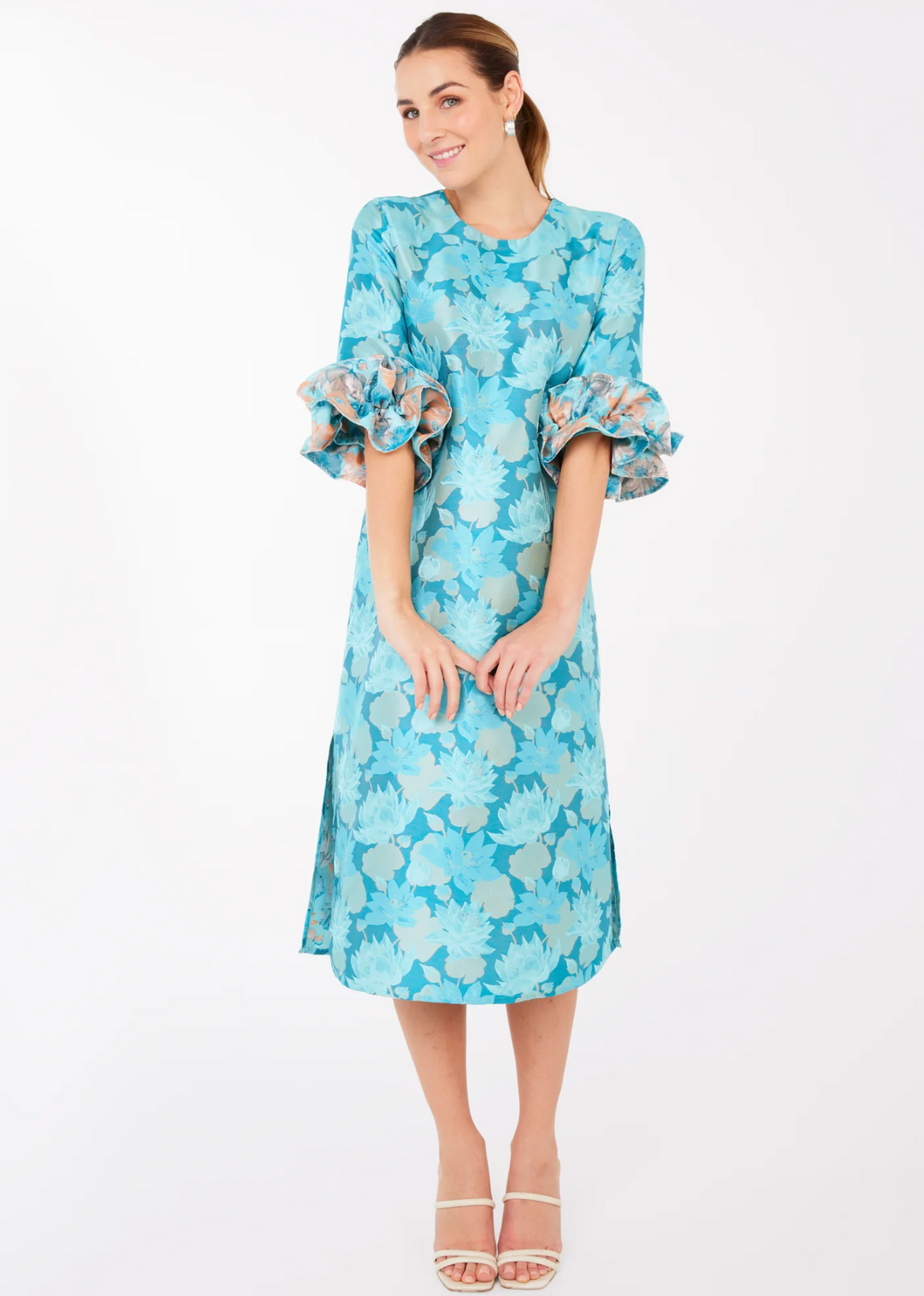 Bronwyn Dress | Aqua Floral Silhouette Jacquard