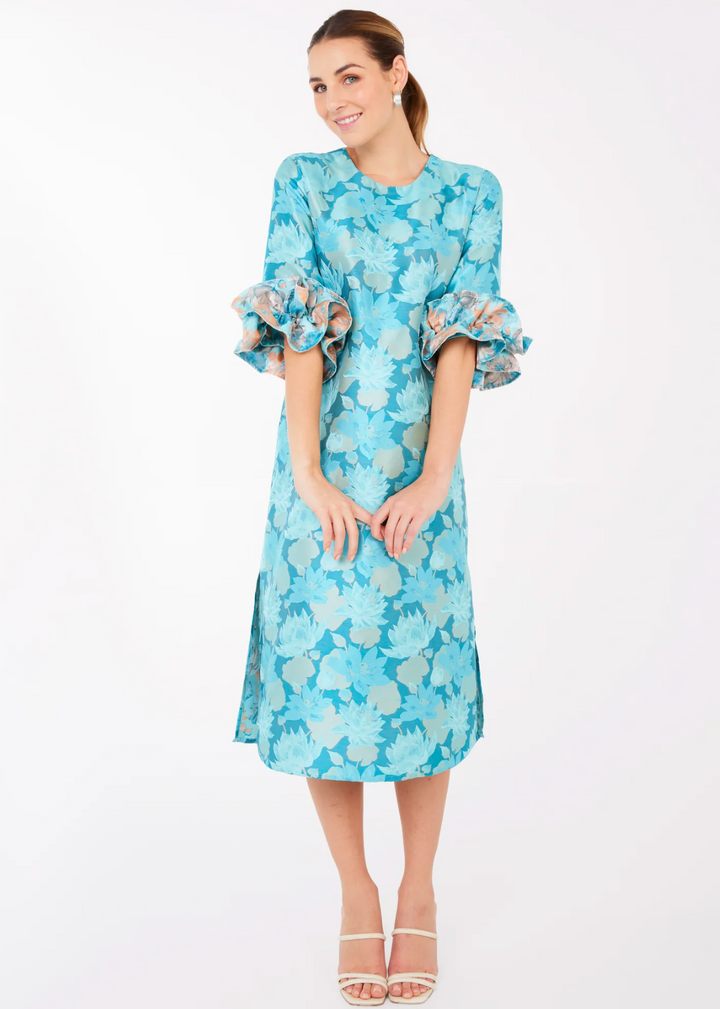 Bronwyn Dress | Aqua Floral Silhouette Jacquard