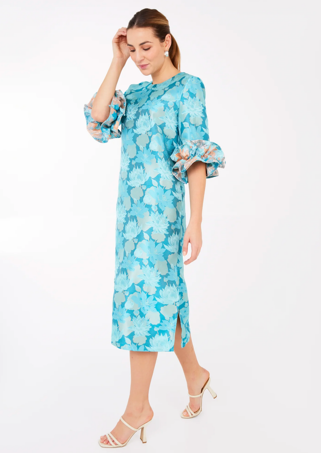 Bronwyn Dress | Aqua Floral Silhouette Jacquard