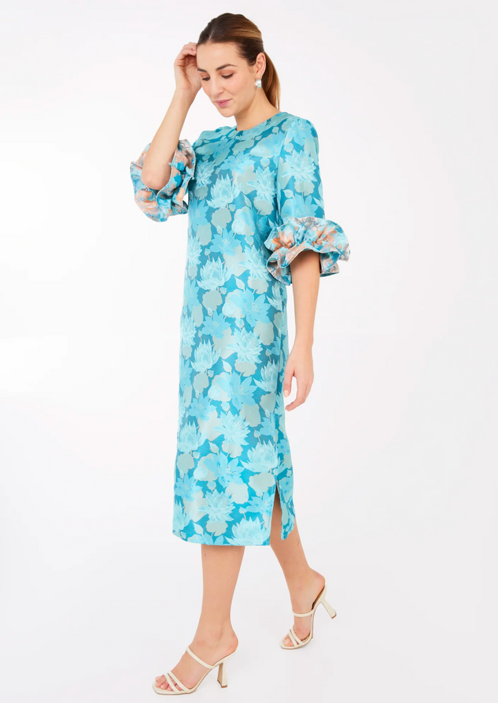 Bronwyn Dress | Aqua Floral Silhouette Jacquard