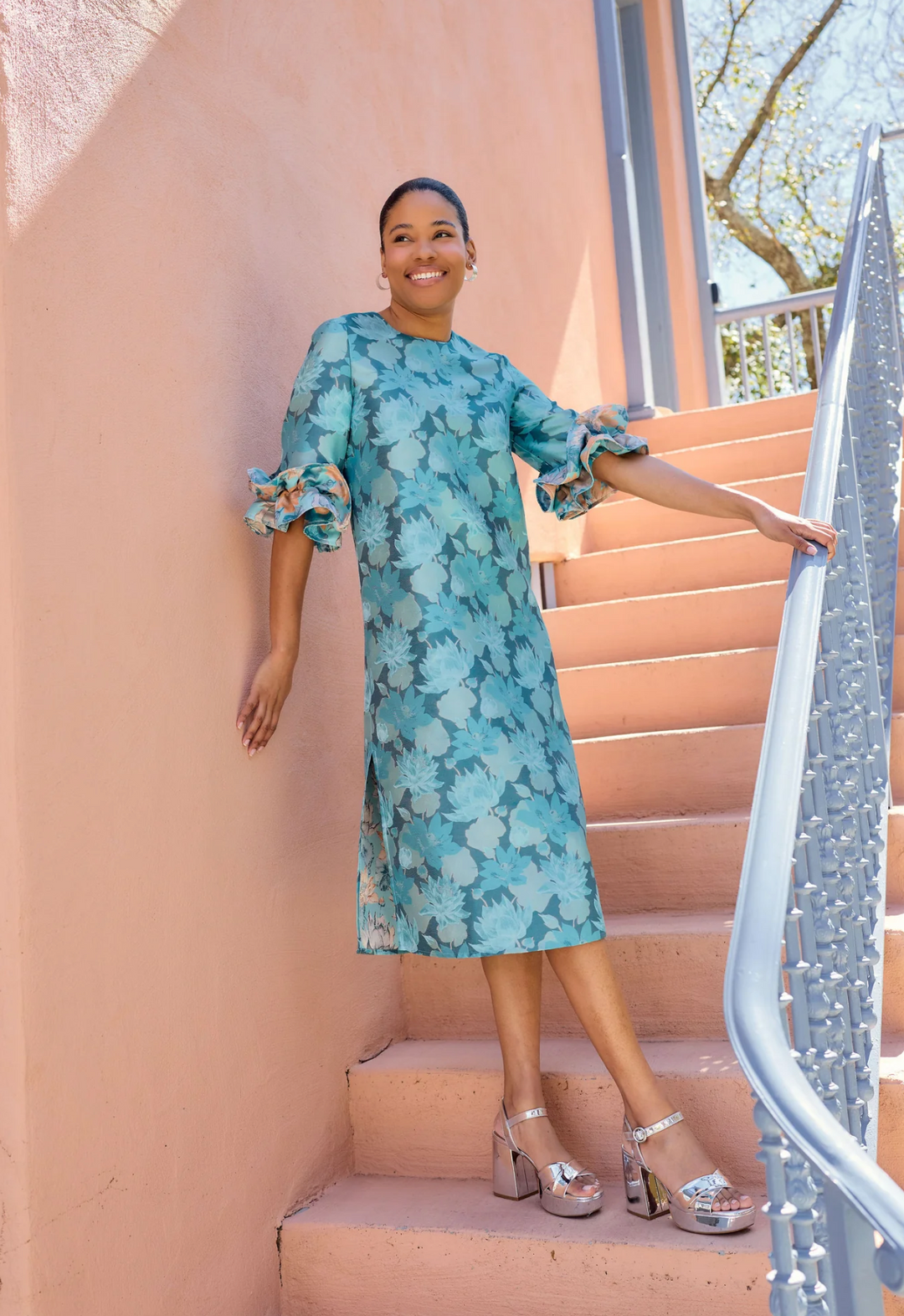 Bronwyn Dress | Aqua Floral Silhouette Jacquard
