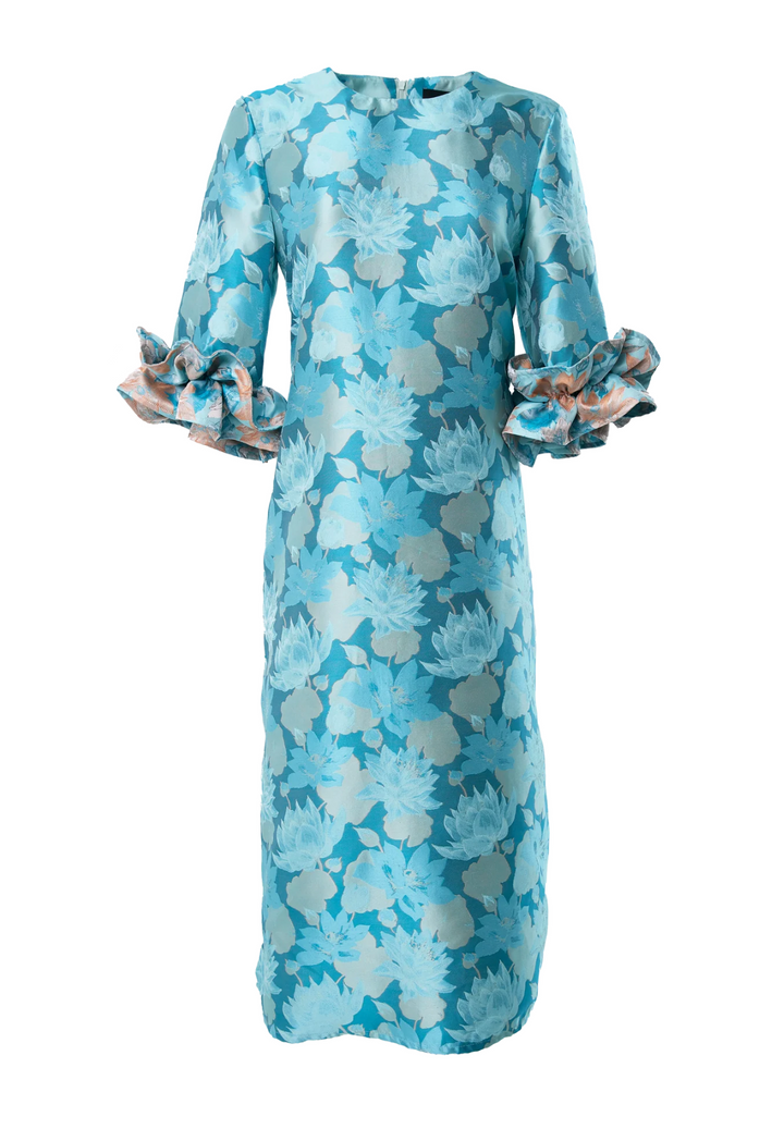 Bronwyn Dress | Aqua Floral Silhouette Jacquard