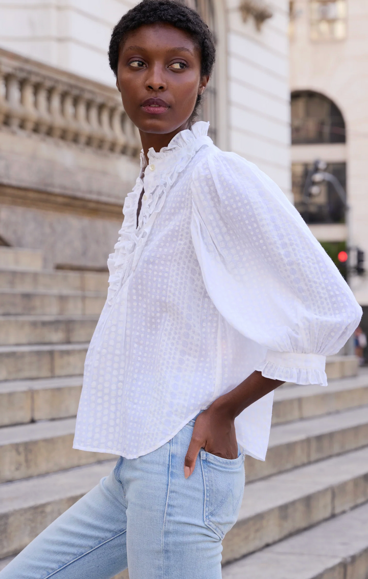 Ruffle Front Button Blouse |Domino White