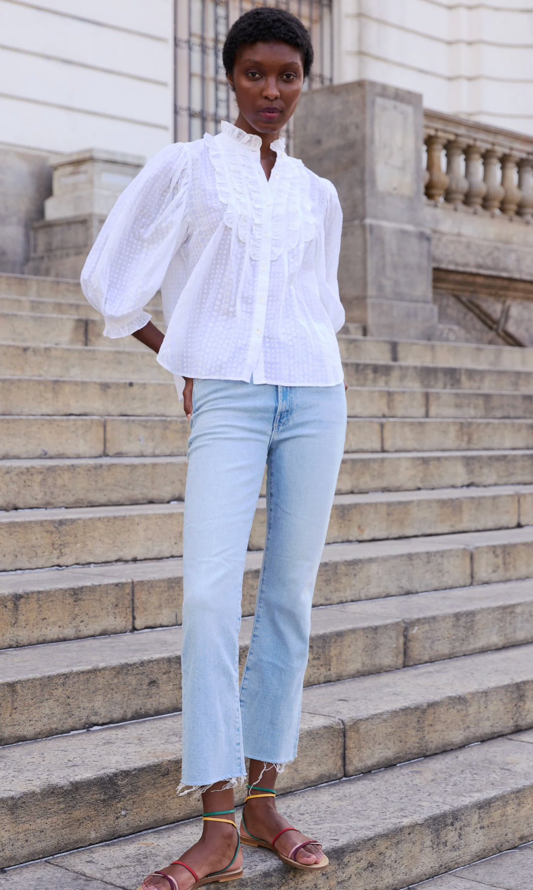 Ruffle Front Button Blouse |Domino White