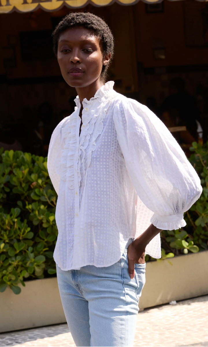 Ruffle Front Button Blouse |Domino White