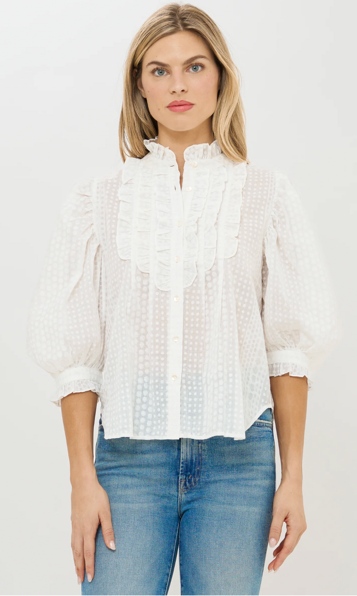 Ruffle Front Button Blouse |Domino White