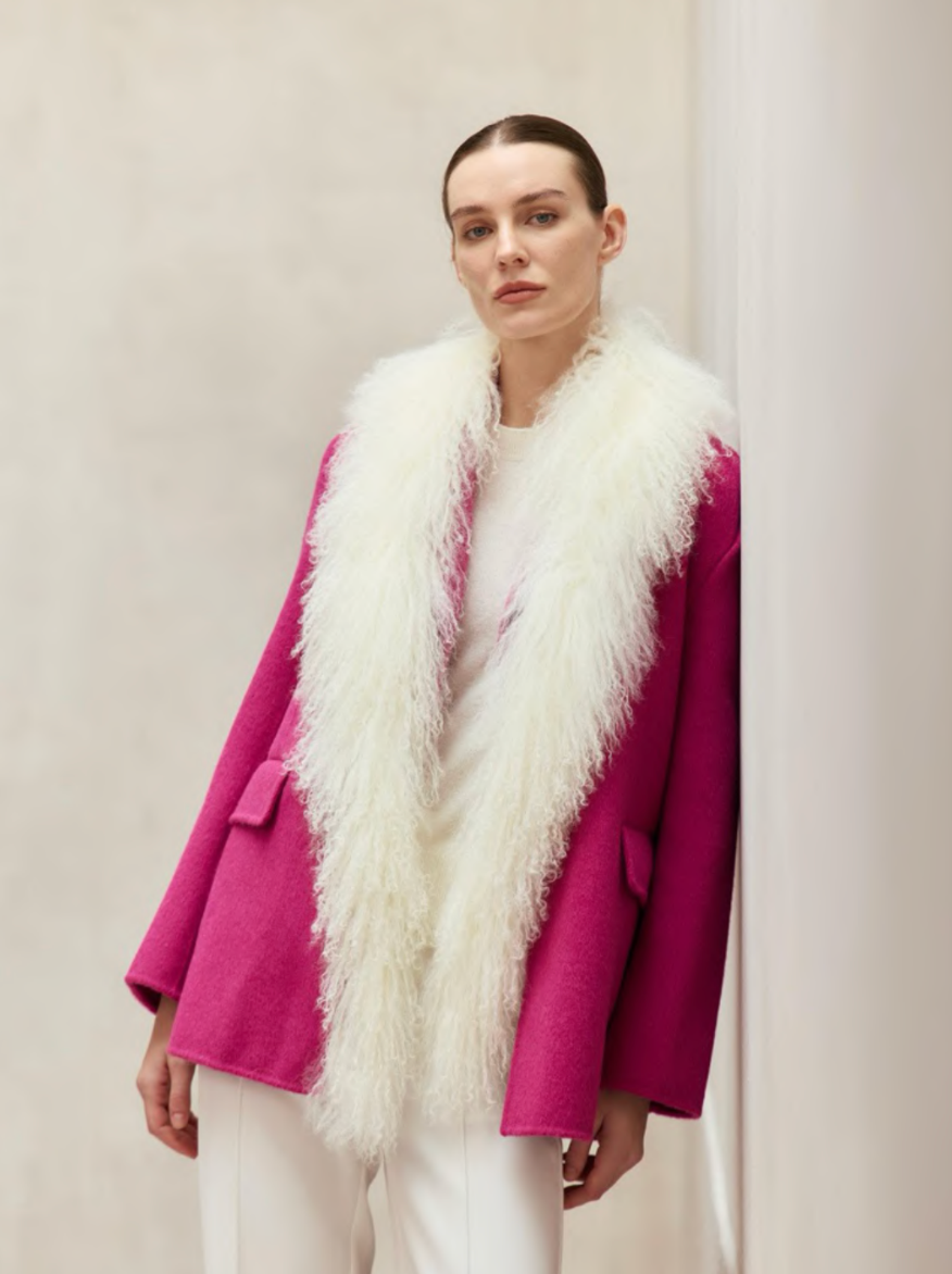 Oversized Cashmere Blazer + Shearling Scarf | Rose Fuchsia