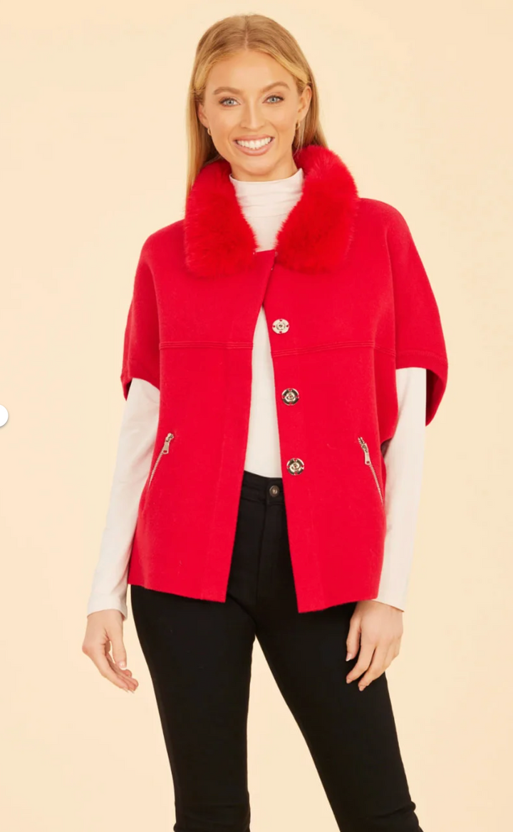 Faux Fur Trim Cardigan | Red