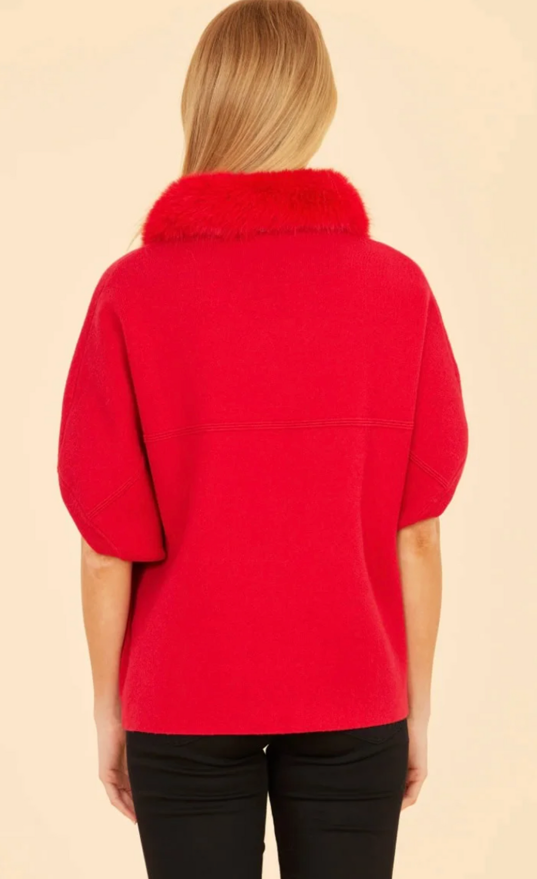 Faux Fur Trim Cardigan | Red