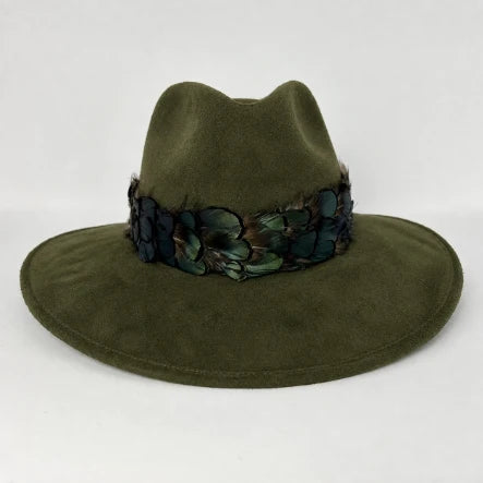 Olive Suede Green Feather Hat