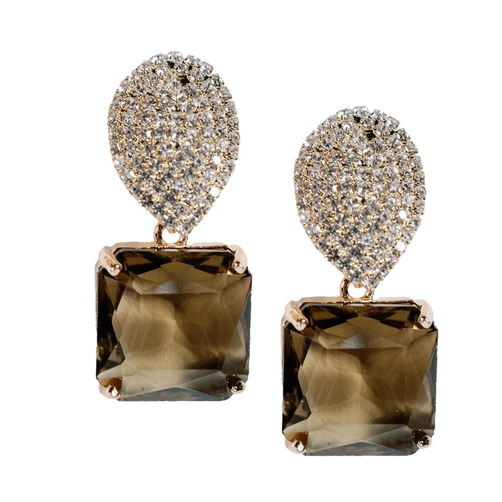 Smokey Brown Quartz Retro Pave Crystal Gum Drop Earrings